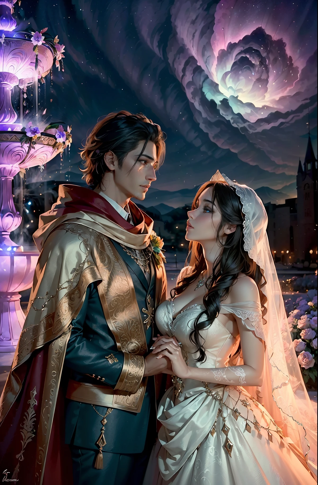 (generate a beautifull bride and a handsome groom, pre wedding photoshoot, luxury fountain background, detail luxury wedding gown. flower decoration, (luxury cloak), beautifull night sky with aurora, comet on the sky, beautifull scene, beautifull face, pretty face, beautifull eyes, beautifull nose, raytracing, beautifull fingers, beautifull hands, (4 fingers in 1 hand), full body photoshoot, pretty makeup, perfect anatomy, good lighting, professional photoshoot, sharp eye, fresh lips