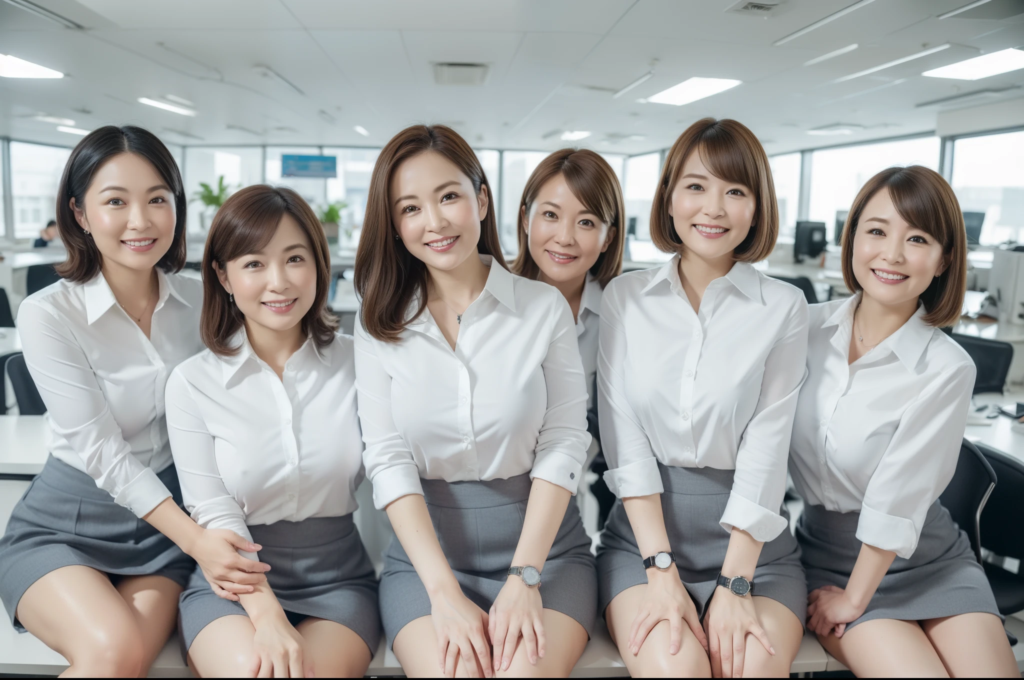 ((Best Quality, 8k, Masterpiecedetails, ultra-high resolution)), (group picture), (looking at the viewer), (fmiddle shot:), attractive business 5 milfs, 5 people, a bit chubby:0.25, white collared shirt, grey skirt, (sitting with cross legs on office desks)), smile, office of CEO,