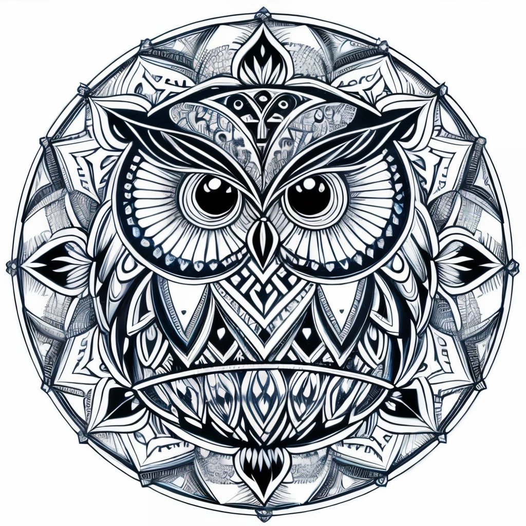 there is a drawing of an owl with a decorative design on it, portrait of a geometric owl, highly detailed and hypnotic, owl, radiant owl, intricate artwork, symmetrical and detailed, an owl, highly detailed vector art, intricate symmetrical artwork, mandala, with symmetry intricate detailed, mechanical owl, clean detailed art, highly detailed and ornated