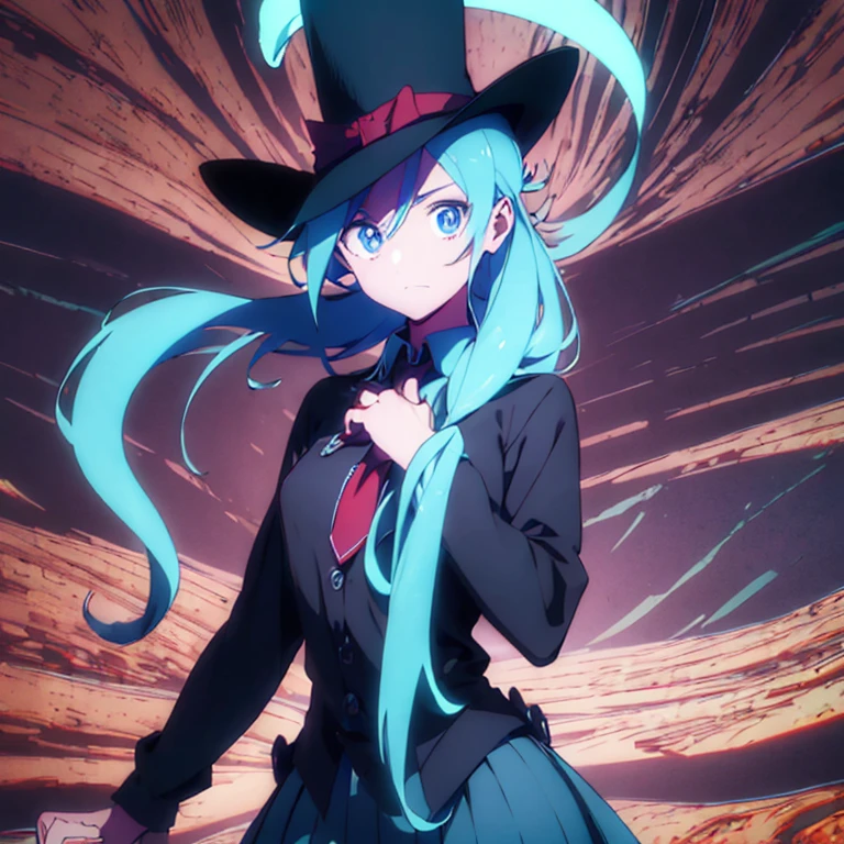 Two-dimensional girl，Long straight blue hair，blue color eyes，Wearing a black top hat，Wearing a brown suit，Wear a black skirt underneath，Wearing brown boots，There are four tentacles composed of red muscle tissue on the back.，The hand holds a sickle made of spinal blood vessels, muscle tissue and bones.