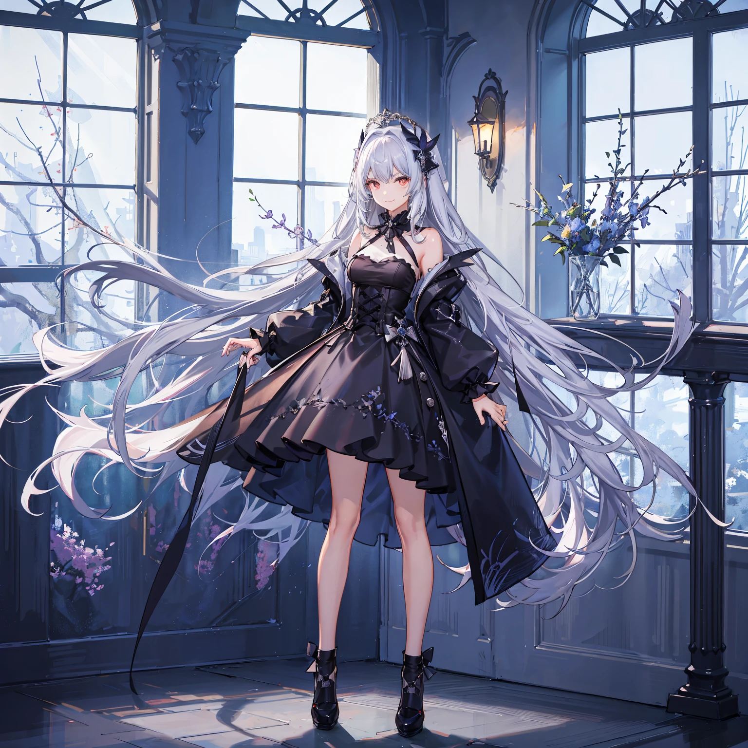 Heterochromic pupils，Silver hair mixed with black hair，teens girl，Wearing a gothic style skirt，With a smile，sittinng on the desk，Next to it is the window，Room brightness is too dark，Slightly girly style，Picture quality HD，Illustration level，Ultra high quality，with a halo on his head，Leaning against the window，red bow，美丽细致的眼睛，Dappled light and shadow，long whitr hair，Gradient hair，Dull hair，long whitr hair，rays of moonlight，loft，Red left eye，The right eye is blue，8K,Wallpapers