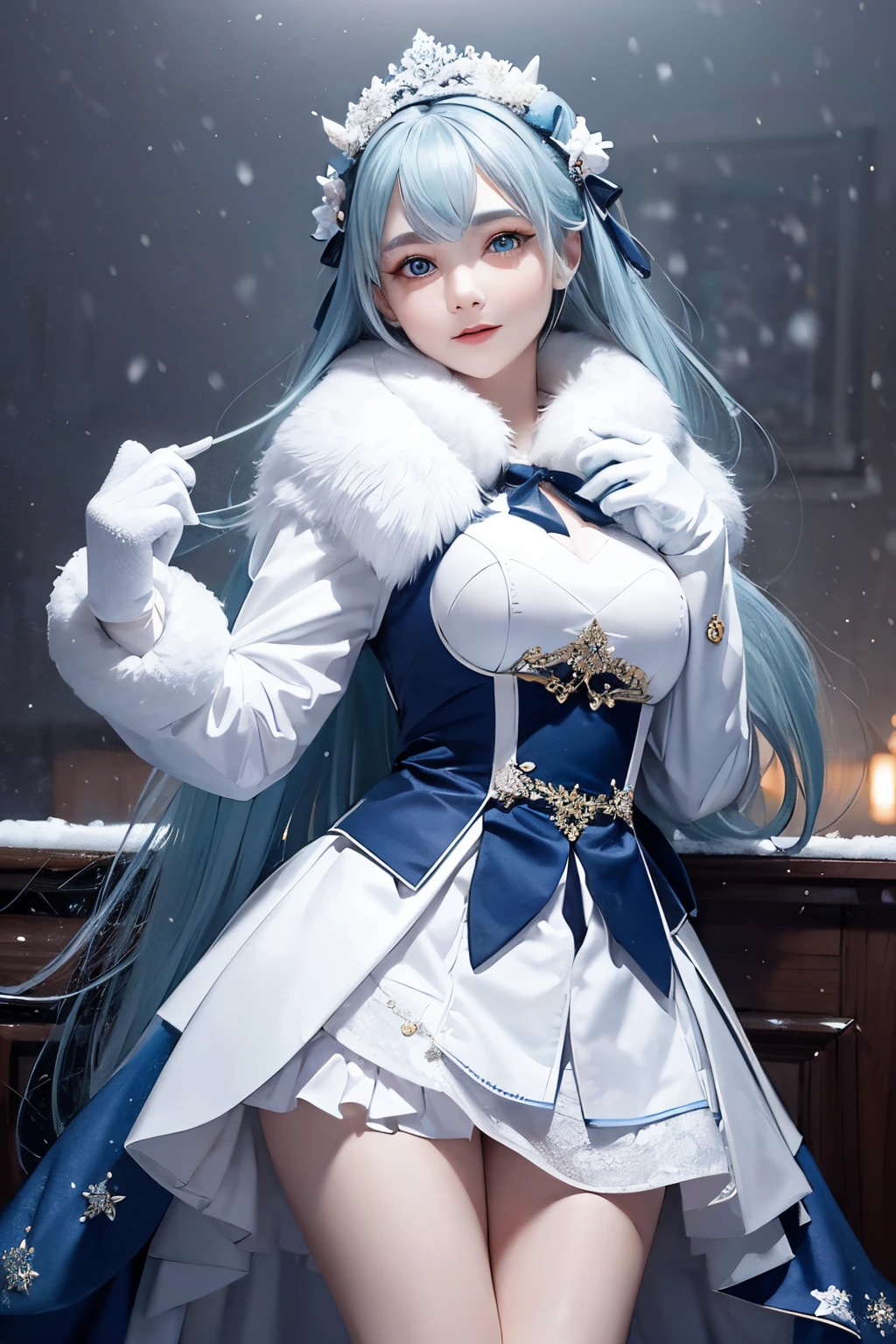 (masterpiece, highest quality),
It's snowing.
Composition of a woman standing under a snowy night sky. Her face is important.
Her eyes are bright green and her hair is light blue and white, long and fluffy.
She is wearing a down jacket and is putting on her gloves.