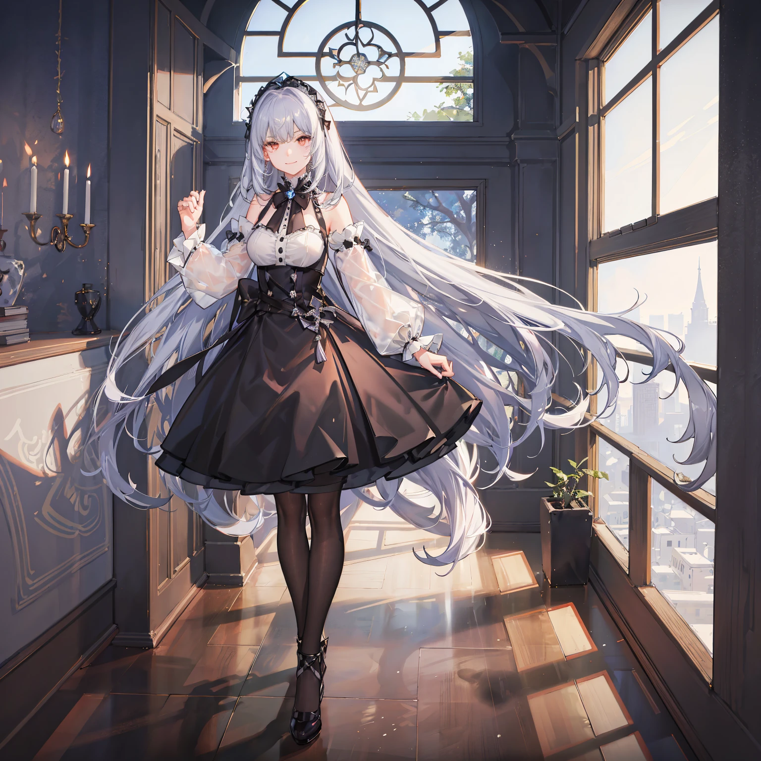 Heterochromic pupils，Silver hair mixed with black hair，teens girl，Wearing a gothic style skirt，With a smile，sittinng on the desk，Next to it is the window，Room brightness is too dark，Slightly girly style，Picture quality HD，Illustration level，Ultra high quality，with a halo on his head，Leaning against the window，red bow，美丽细致的眼睛，Dappled light and shadow，long whitr hair，Gradient hair，Dull hair，long whitr hair，rays of moonlight，loft，Red left eye，The right eye is blue，8K,Wallpapers