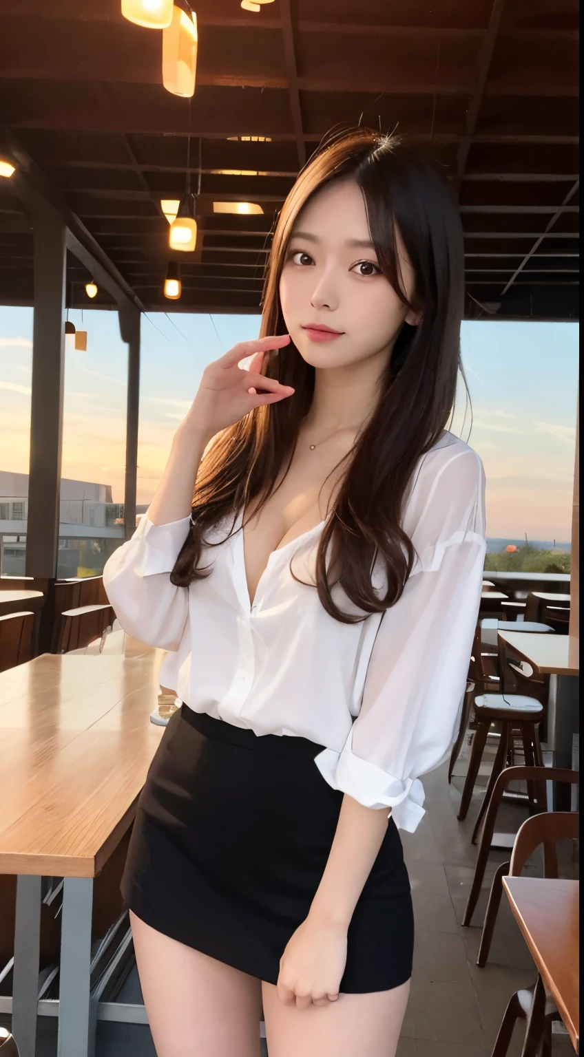 masutepiece, Best Quality, Illustration, Ultra-detailed, finely detail, hight resolution, 8K Wallpaper, Perfect dynamic composition, Beautiful detailed eyes, Natural Lip,In front of the café,Lit up,Beautiful sunset,White Y-shirt:1.5,black short skirt with slit, cleavage, Full body