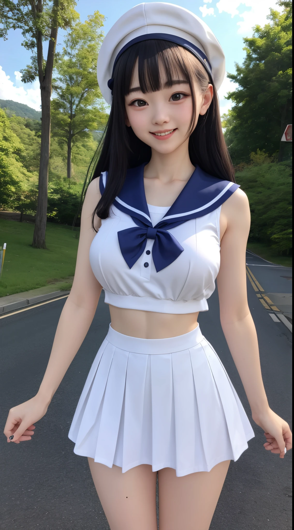 top-quality、realistic touch,high-detail、photoRealstic、big eye、lean and slender body、huge tit、wearing clothes that are too small、Strong eyelashes、A sexy、full body Esbian、Submissive smile、Flushed cheeks、Kamimei、thin-waist、Voluptuous thighs、Enraptured look、Country road side、high school student in sailor suit、sleeveless、Tall、Her skirt is too short and her panties are showing.