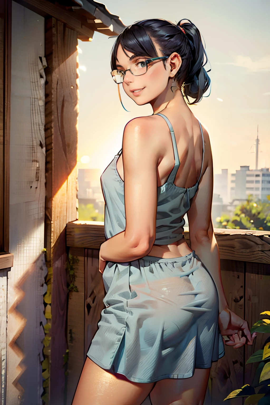 1girl, masterpiece, ((skinny girl, skinny arms)), ((small breasts)), best quality, realistic face, black and blue hair with bangs and ponytail, large glasses, , , , green eyes, nose ring, chubby cheeks, long nose, low nose, high lips, dark eyebrows, ((trad blue and grey sundress)),  specular sunlight, ((golden hour lighting)), back porch background, dancing pose, big smile