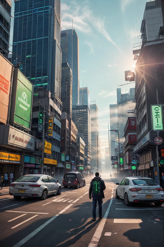 Young, broken and sad adult man, futuristic city, dirty street with paper on the floor, other robots in the background, cars, green and blue neon lights, sunrise, cold, fog