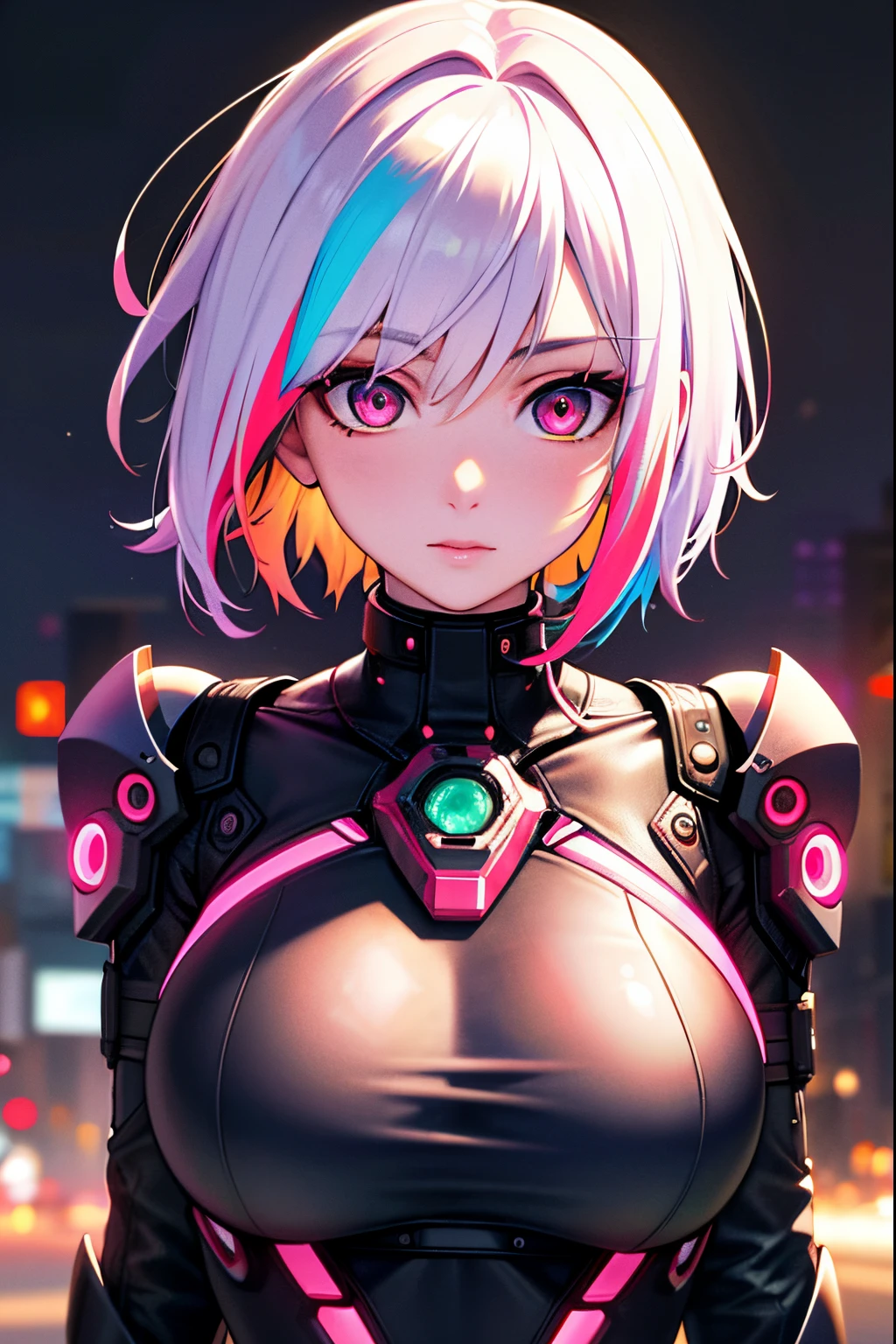((masterpiece)), (best quality), beautiful, extremely detailed face, perfect lighting,ultra-detailed, 8k,textured skin, beautiful detailed face, beautiful detailed eyes, ambient light, realistic shadows, beautiful detailed pupils, cute,detailed fingers,mature female,lucy \(cyberpunk\), 1girl, neon palette, science fiction, short hair, solo, close up, cyberpunk edgerunners,multicolored hair,White hair, night time , ,multicolored eyes, cyberpunk, medium breast, clothed,outdoor, cyberpunk city background,
