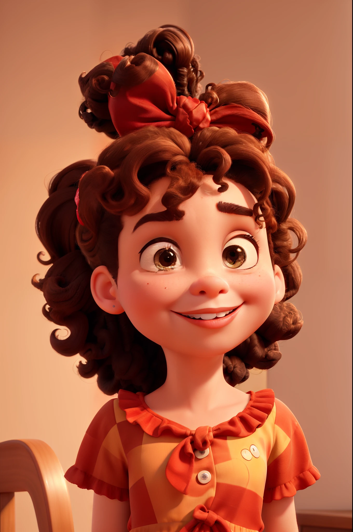 A Pixar-style 3D animation in 4K with the highest quality. It is a portrait of a 5--old l with curly brown hair, stylized in a ponytail on the right side with a large red bow, com grande, brilhante, olhos cor de mel e um sorriso suave.
