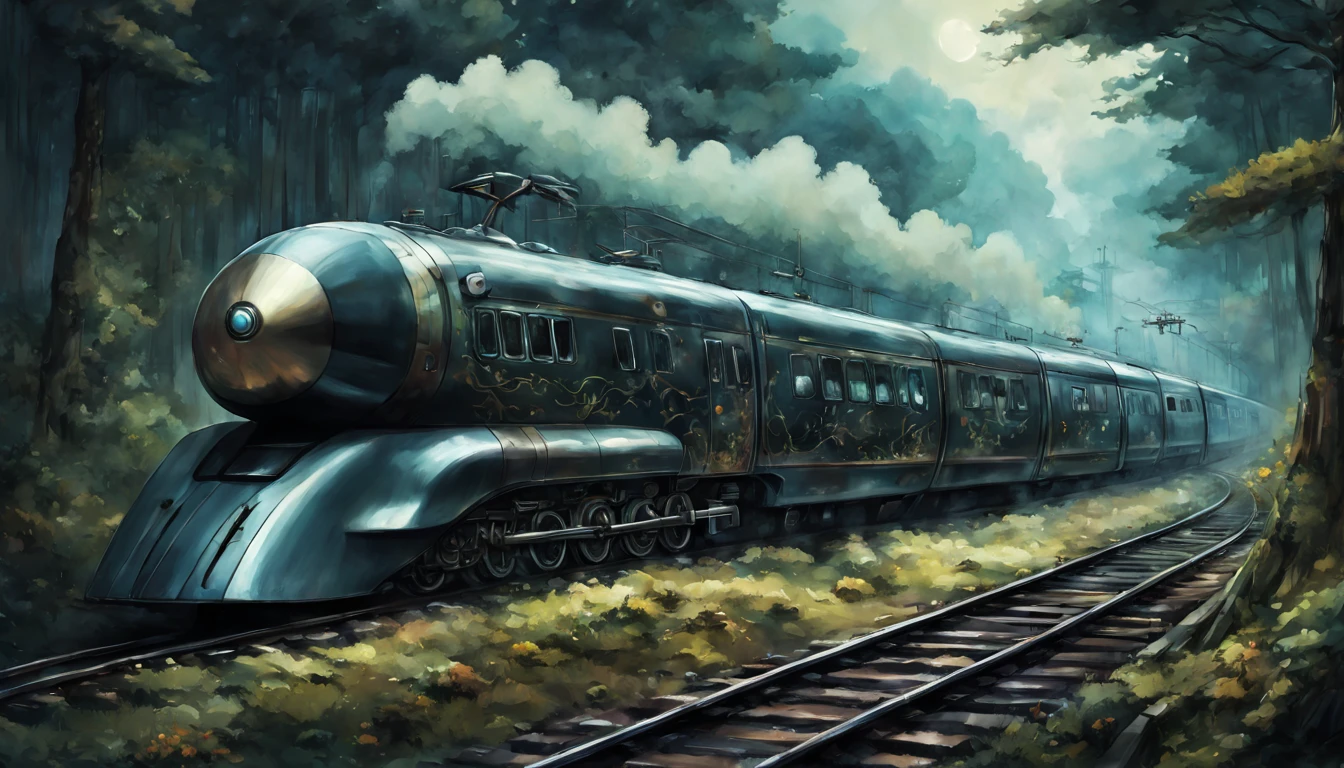 illustration, 1970s dark fantasy, steampunk bullet train, whimsical enchanted forest, magical, (Danganronpa), (Yuumei), dark art, vintage muted colors, (detailed:1.2), best quality, H!D
