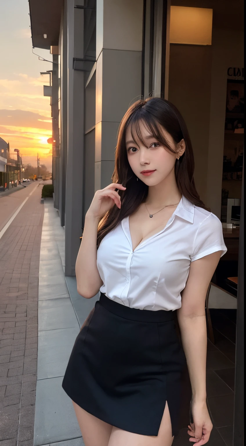 masutepiece, Best Quality, Illustration, Ultra-detailed, finely detail, hight resolution, 8K Wallpaper, Perfect dynamic composition, Beautiful detailed eyes, Natural Lip,In front of the café,Lit up,Beautiful sunset,White Y-shirt:1.5,black short skirt with slit, cleavage, Full body