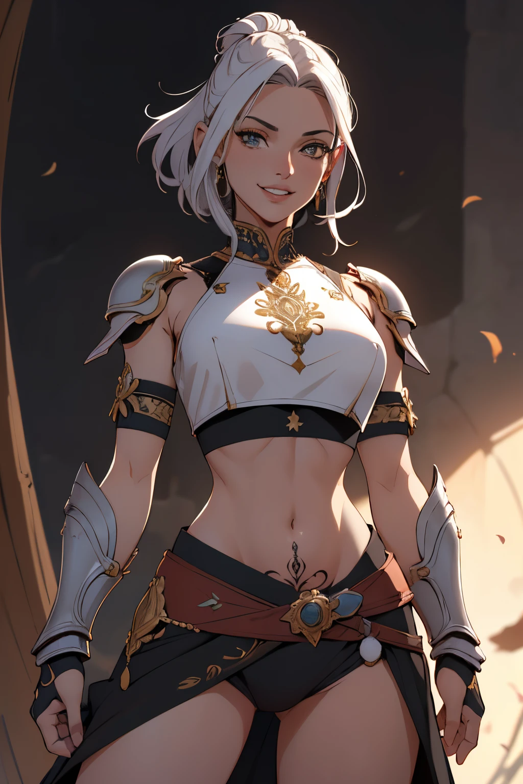 Ultra High Definition, detalhes intrincados, hiperdetalhado, ((guerreira madura crop top, lusciousness, NSFW sorridente , Tatuado, crop top armor , manopla, cabelos muito longos, lips, Olhos cinzentos)), Stands boldly in a fighting stance, , , Arte de Dusan Markovic, espadas altamente detalhadas, magia altamente detalhada, rostos altamente detalhados,