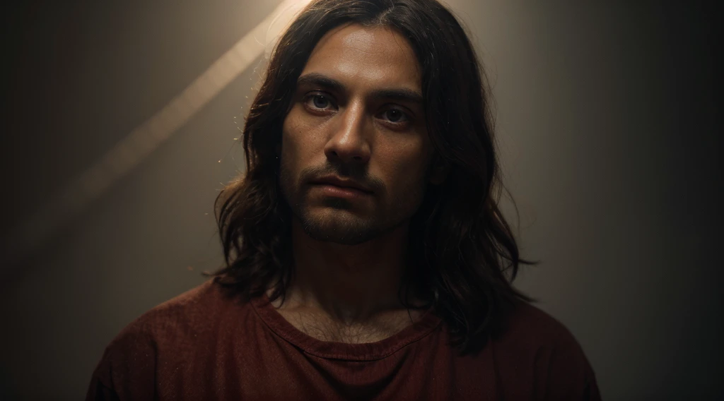 add_detail:1, realistic image of Jesus Christ,black and red palette,eerie,(masterpiece, best quality:1.2), illustration, 8k wallpaper，add_detail:light and distant light from heaven above the head