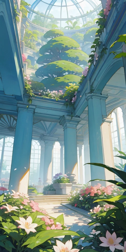 (top quality, masterpiece, ultra-real), indoor botanical garden, dome, lots of flowers, dense mass of plants, the landscape in the background is a garden with petals and puffs flying around. --v6