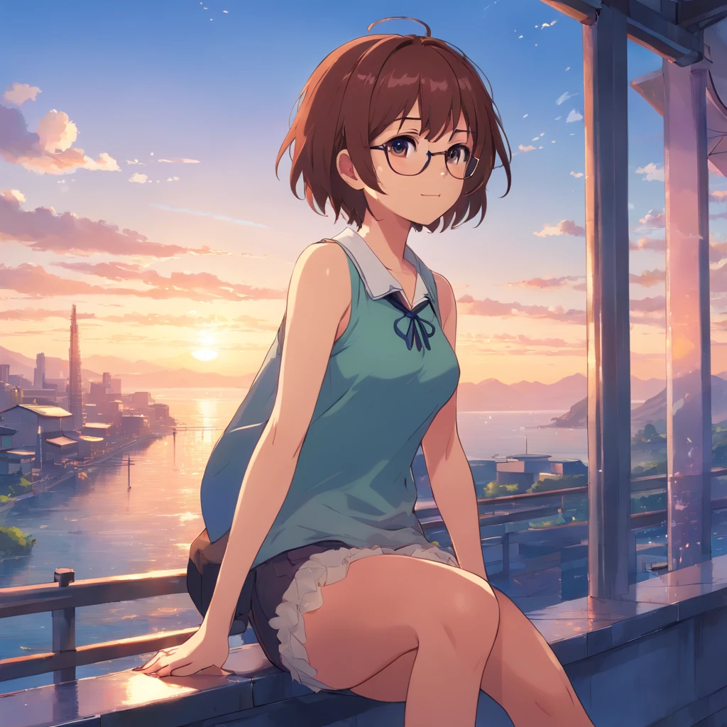 (8K, 4K, Best quality at best, A high resolution:1.1)(tmasterpiece),Collar, Best quality at best, Expressive eyes, s the perfect face,layladef, full bodyesbian, ssmile, Be red in the face, Outdoor activities, daysies, simple backgound,oral,maleperspective, blue-sky, short detailed hair,sweaty, Skysky, temple, looking at viewert, mont, moody light,brunette color hair,eye glass,fish net stockings,((Ex),(NSFW)