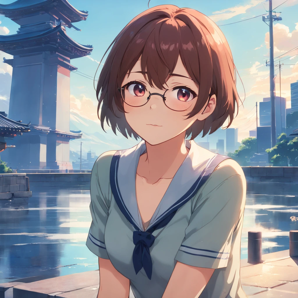 (8K, 4K, Best quality at best, A high resolution:1.1)(tmasterpiece),Collar, Best quality at best, Expressive eyes, s the perfect face,layladef, full bodyesbian, ssmile, Be red in the face, Outdoor activities, daysies, simple backgound,oral,maleperspective, blue-sky, short detailed hair,sweaty, Skysky, temple, looking at viewert, mont, moody light,brunette color hair,eye glass,fish net stockings,((Ex),(NSFW)