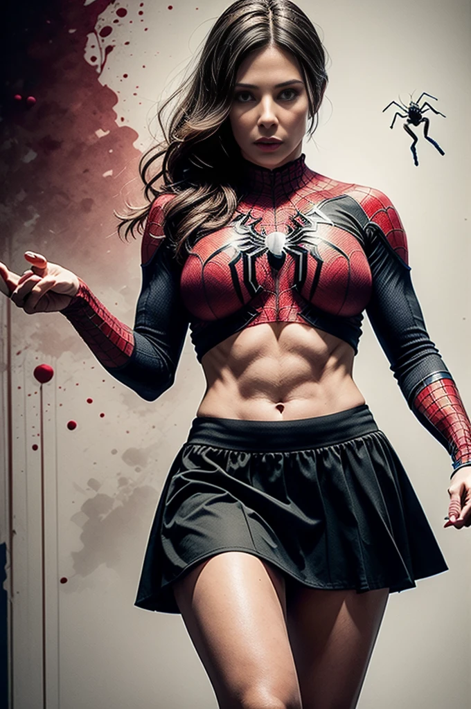 sandra bullock、Sticking out the navel、newyork、She wears a torn Spider-Man suit,wearing skirt、 Red and black color scheme,Dynamic、​masterpiece、top-quality、ultra-detailliert、ighly detailed、beautiful detailed brilliance、超A high resolution