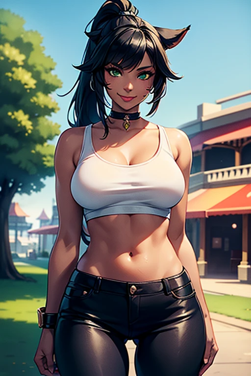 1girl, Miqo'te Final Fantasy 14, wears Black jeans, a black top, Crossing arms, Black hair , Green eyes, Ponytail, Black skin tone, in a casino, cat tail; Portrait, smiling face, tribal mark, outdoor scene,