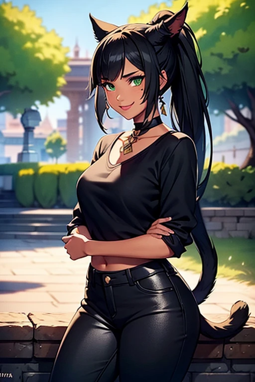 1girl, Miqo'te Final Fantasy 14, wears Black jeans, a black top, Crossing arms, Black hair , Green eyes, Ponytail, Black skin tone, in a casino, cat tail; Portrait, smiling face, tribal mark, outdoor scene,