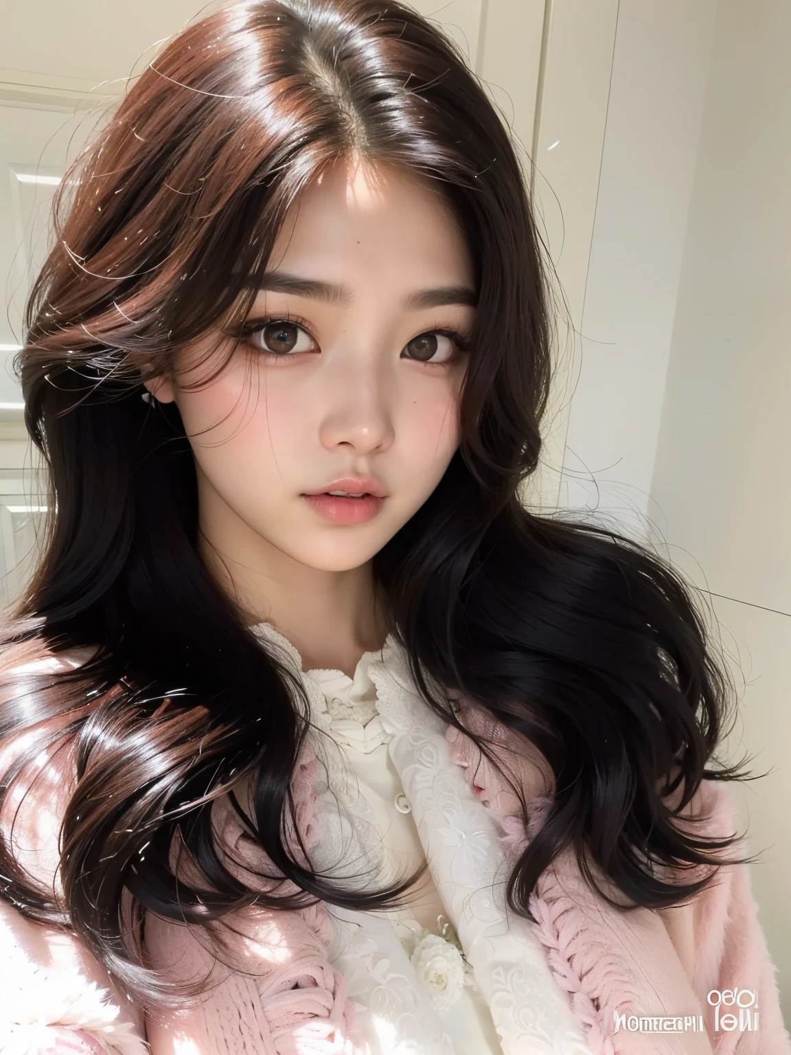 um close de uma mulher com cabelos longos e um casaco rosa, Jinyoung Canela, Ulzzang, Jaeyeon Nam,  coreana, young adorable korean face, wan adorable korean face, maquiagem sul-coreana popular, Mulher sul-coreana bonita, maquiagem coreana popular, Sakimichan, linda mulher coreana jovem, mulher coreana jovem bonita, com bonito - fino - rosto