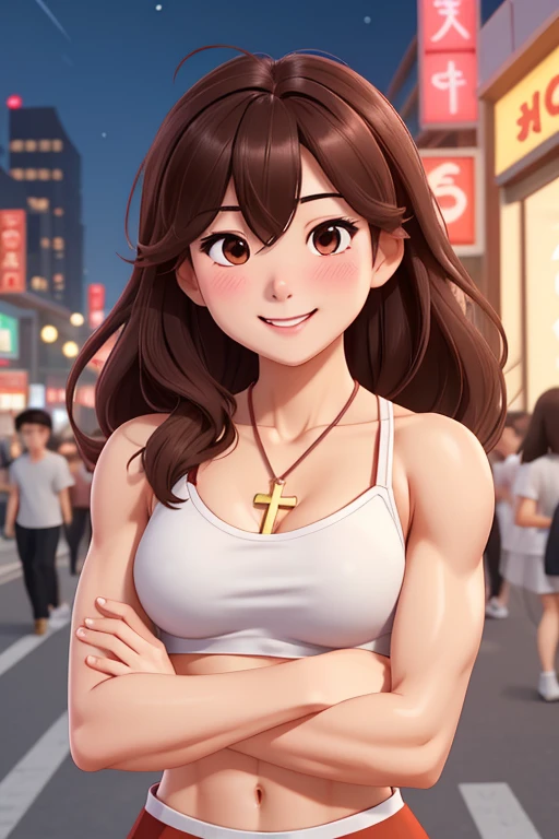 attractive korean woman, ripped muscle, muscular body, small breast, pale skin, smile(blush), nude, cross necklace, sixpack abs, [ultra detailed skin:1.2], brown hair, wavy hair, 8k uhd, pussy, full body, crowd, public, temple, standing, sweat,