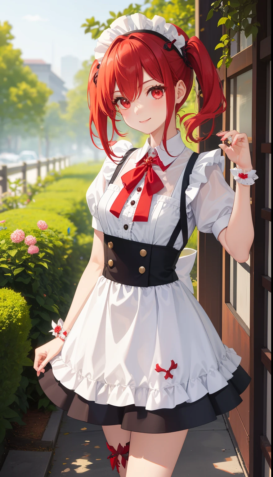 1girl in、AS-Adult、A smile、The shirt、Mini skirt、pantiy、（small tits）、doress、pinafore、Hair decoration、（Maid costume）、Walking with a thigh、Upper body portrait、 Red hair, Red Eyes, slanted eye, bangss、Have a gun