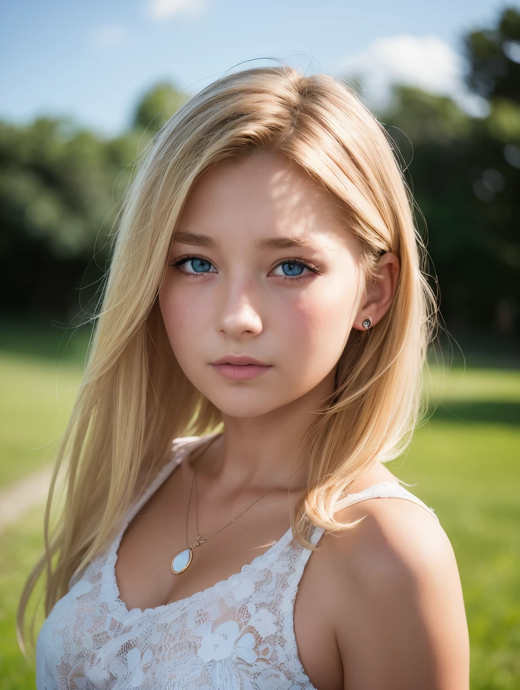 Kizi, 12 jahre, blond, dunkle augen, fotorealistisch,