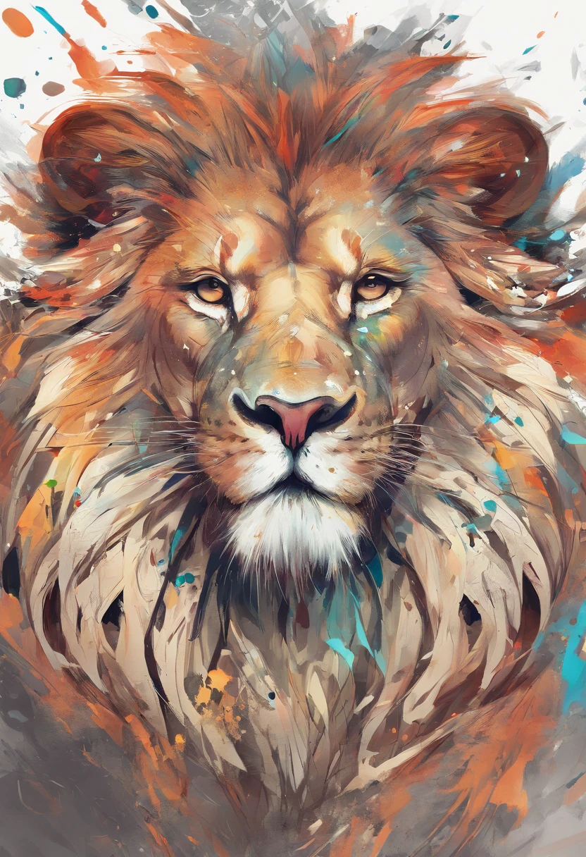arte splash, a lion head, juba bem detalhada ((fundo branco)), olhos penetrantes, epic instagram, art-station, estilo splash de tinta colorida+, contorno, hiperdetalhado intricadamente detalhado, Motor irreal, genial, detalhes intrincados, tela inicial, cores complementares, conceito realista arte, 8K分辨率, obra-prima do deviantart, oil-painting, pinceladas pesadas, pingos de tinta, artes de salpicos