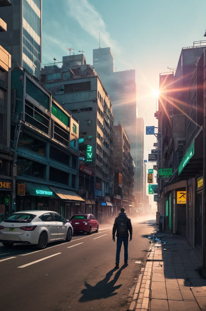 Young, broken and sad adult man, futuristic city, dirty street with paper on the floor, other robots in the background, cars, green and blue neon lights, sunrise, cold, fog