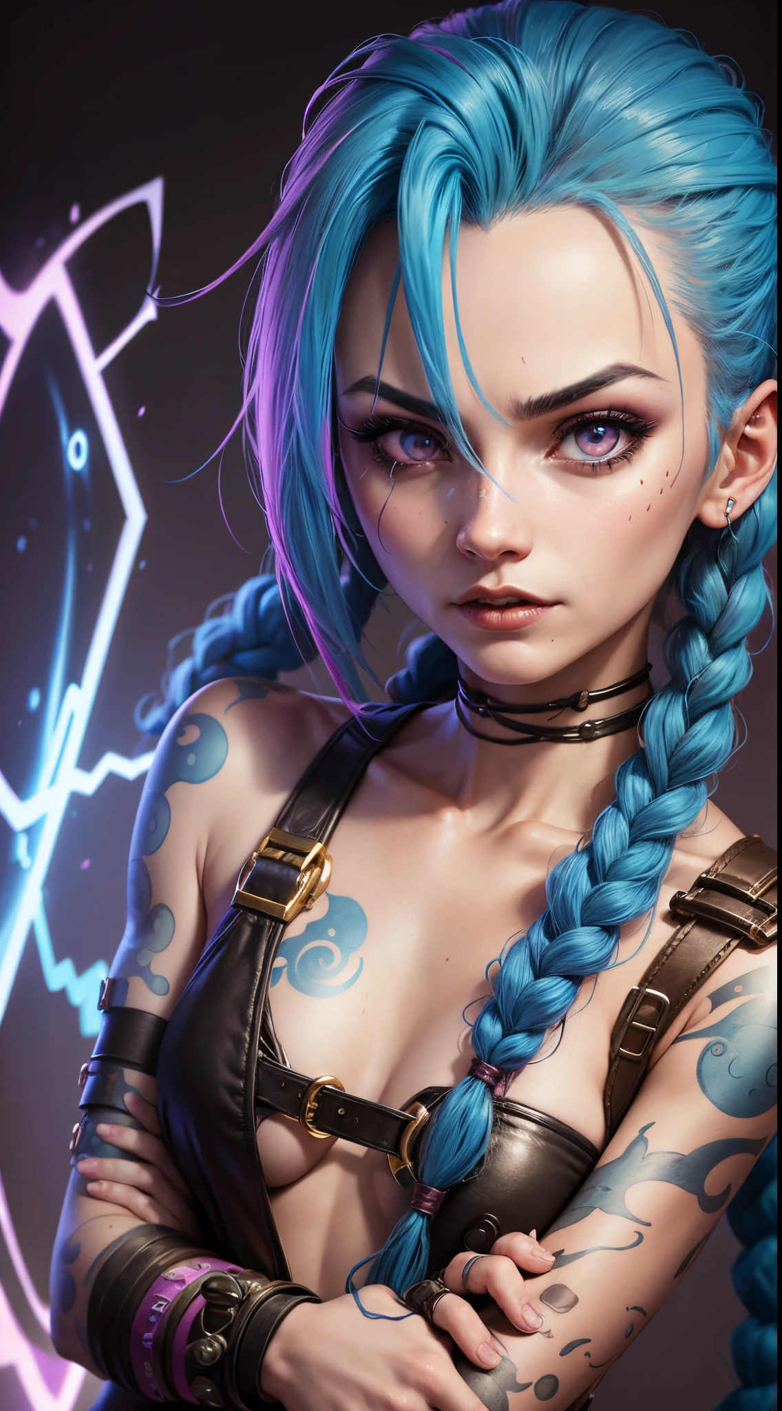 tattoo girl head to chest tattoo seductive post white and sky-blue hair color portrait showing tongue front view facing camera sexy vector