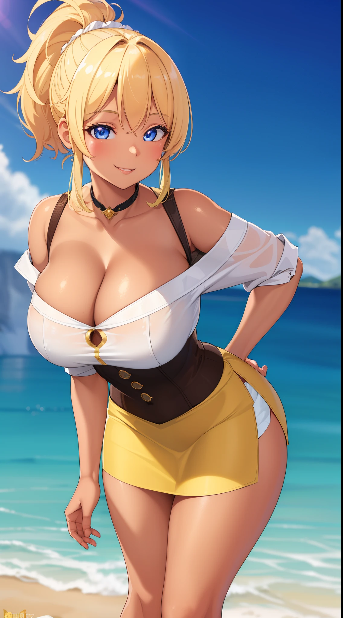 (best quality:1.5, highres, UHD, 4K, detailed lighting, shaders, perfect hand anatomy), blonde ponytail, busty, tanned skin, off shoulder shirt, tight skirt, cleavage, sexy, smiling, leaning forward, (pov, close shot), standing