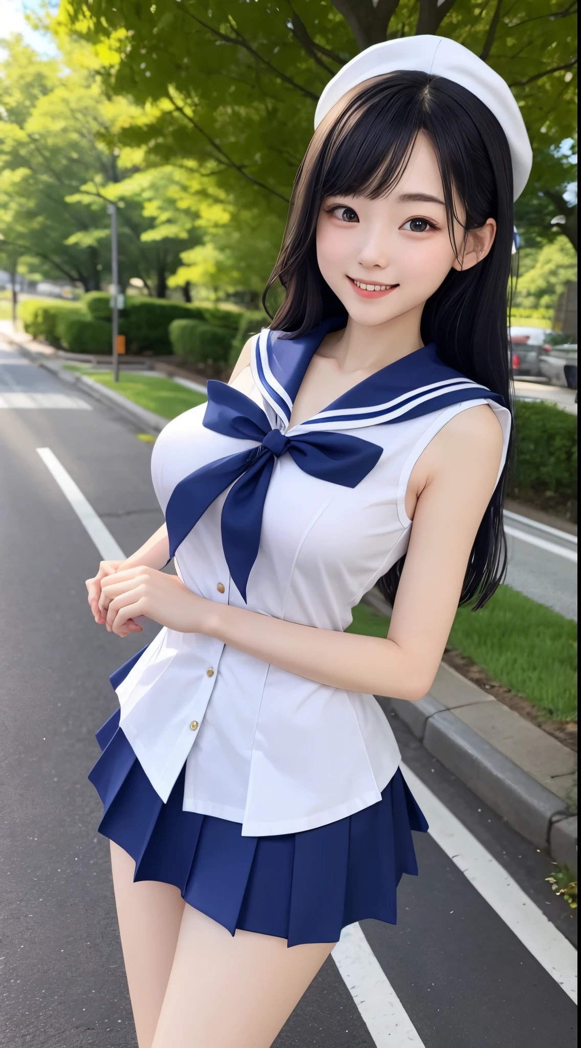 top-quality、realistic touch,high-detail、photoRealstic、big eye、lean and slender body、huge tit、wearing clothes that are too small、Strong eyelashes、A sexy、full body Esbian、Submissive smile、Flushed cheeks、Kamimei、thin-waist、Voluptuous thighs、Enraptured look、Country road side、high school student in sailor suit、sleeveless、Tall、Her skirt is too short and her butt is visible.、long slender legs、Thin long eyebrows、Sensational attire、 I can see your breasts from the side、clothes with wide open sides、sexy pose