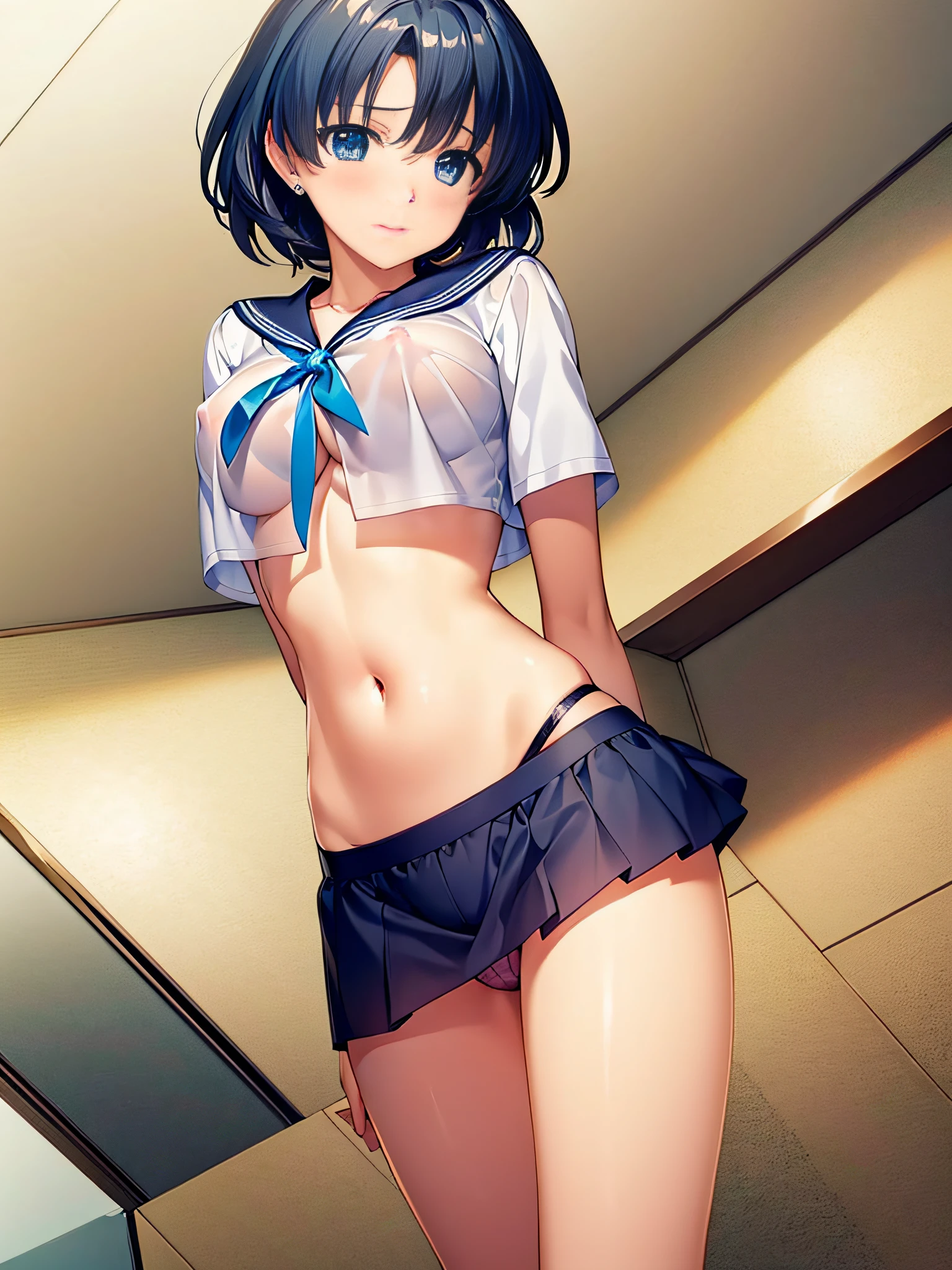 1girl in, lightsmile, Shiny skin, Best Quality, masutepiece, (Game CG:1.4), NSFW, Detailed beautiful face and eyes,爆乳、Lingerie with a small area, Sailor Mercury, I could feel the battle, Serious, Cowboy Shot、large full breasts、((Best Quality)), (Ultra-detailed), (extremely detailed CG unified 8k wallpaper), Highly detailed, High-definition raw color photos, Professional Photography, ((Beautiful big breasts)), Amazing face and eyes, (Uniform with open chest), (See-through panties:1.2), Cameltoe, Open legs