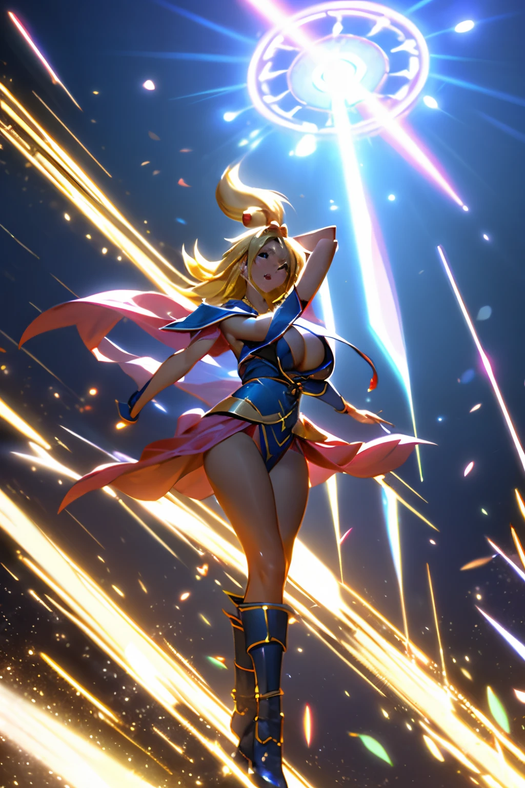 (Obra maestra:1.2), (La mejor calidad:1.2), Perfect lighting, Chica Maga Oscura lanzando un hechizo, flotando en el aire, tetas grandes, escote, desde arriba, Destellos de magia. Luces artificiales. Pose sejustiva y sexy