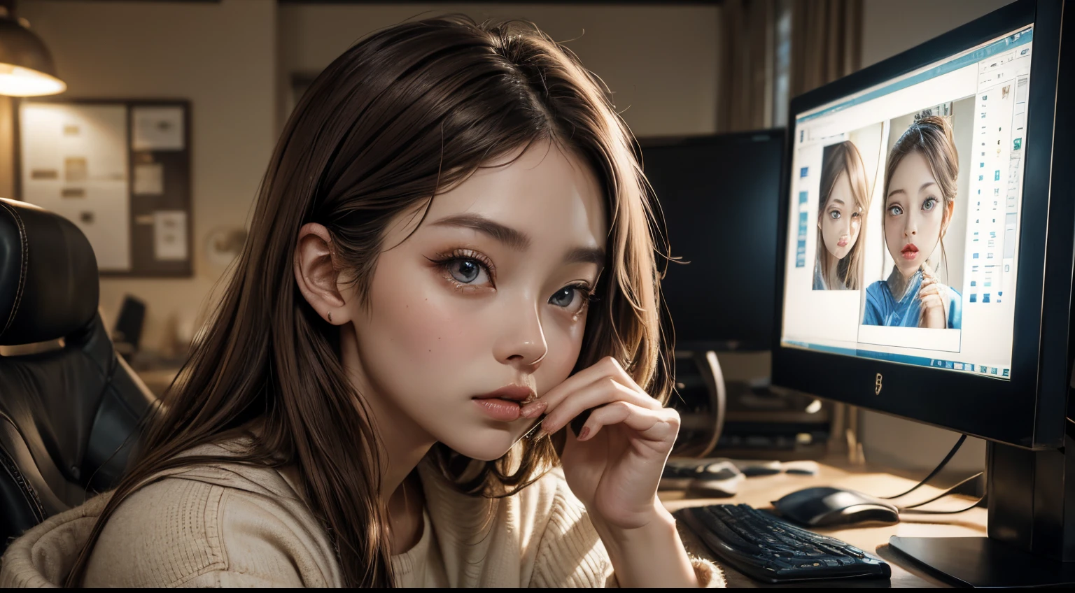 One Beautiful Woman。pale brown hair。Beautiful double eyes。Passed nasal muscle。well-shaped lips。Contemporary attire。She puts her hand over her mouth and is extremely surprised by something.。she is sitting in front of the computer。