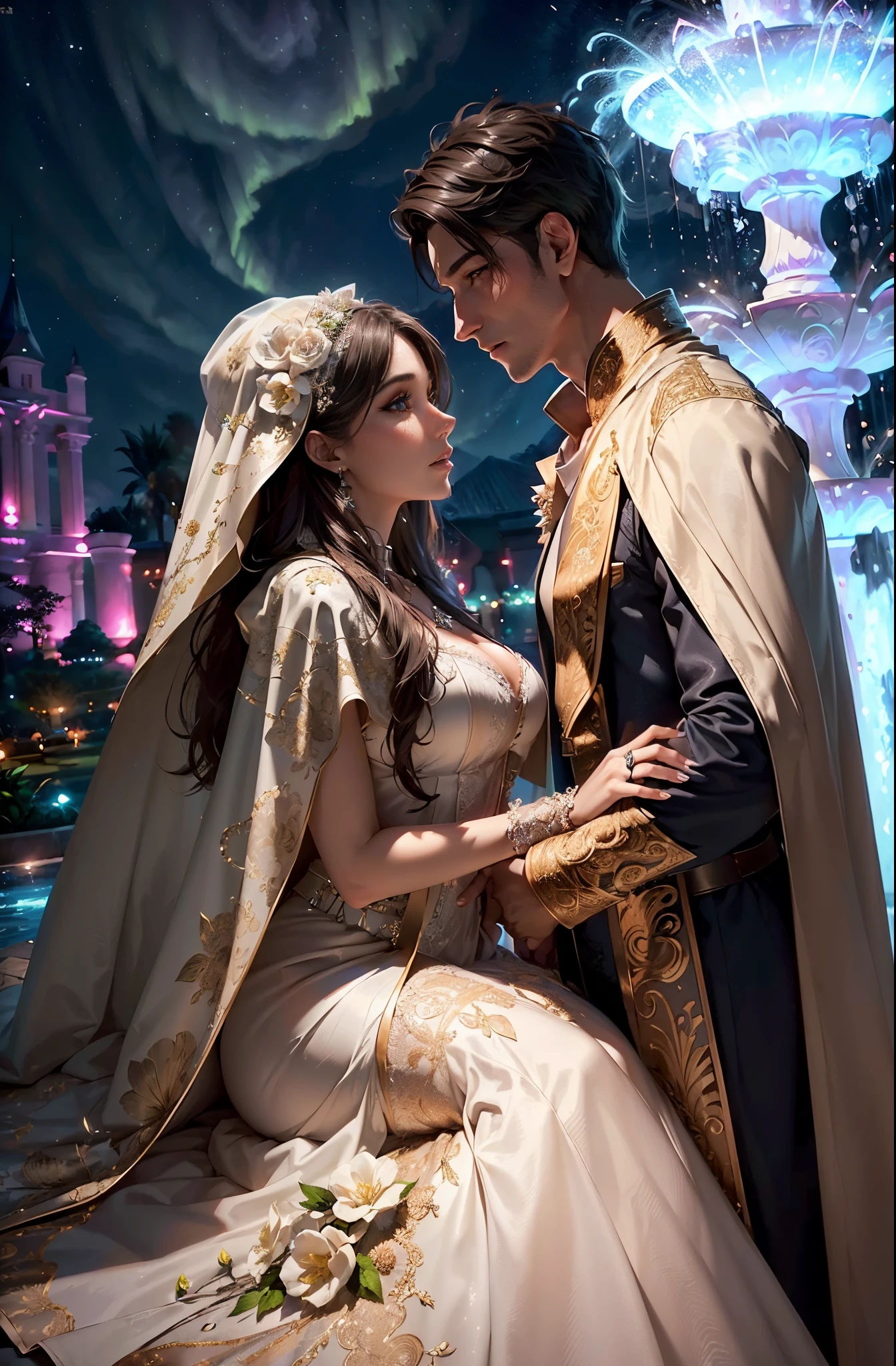 (couple cuddling) rough man Zeus muscular naked, beautiful, sexy, big breasts, cleavage, bare legs, see-through, standing, hanfu, wet, clear, realistic, highest detail, Chinese mythology, dragon pattern, phoenix, sacred, holy, golden mountains, heavenly palace, countless palaces, clouds, golden light