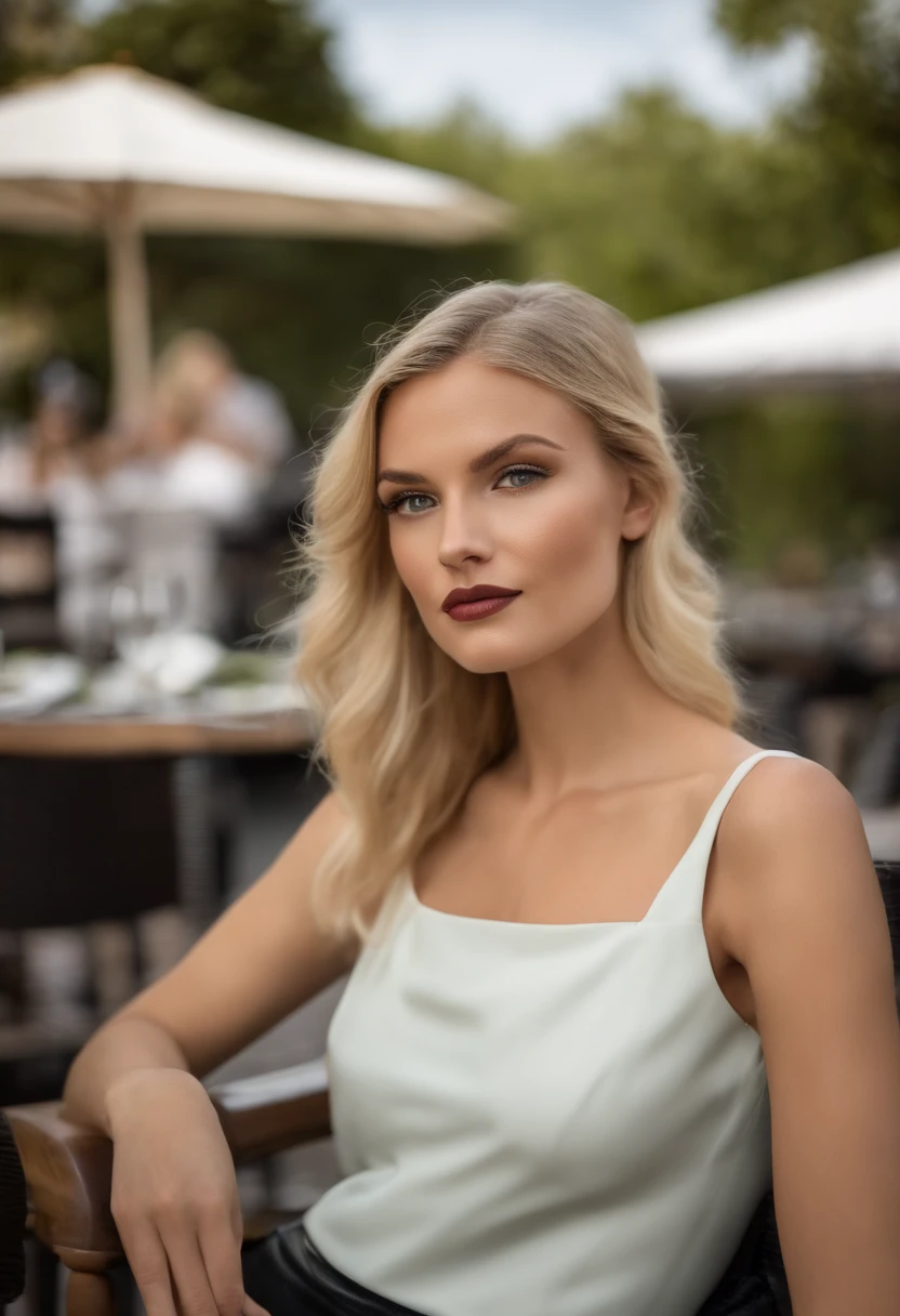 ean Bleu déchiré avec un croc top blanc et une veste en cuire noir , fille sexy aux yeux vert claire, Portrait de Justine Mazurier, cheveux blonds carré plongeant et grands yeux, Selfie d’une jeune femme, ohne Maquillage, maquillage naturel, Regardez directement dans la caméra, Visage avec Artgram, dezentes Maquillage, Superbe photo du corps entier, assise sur la terrasse du restaurant Astair , gros seins, Blonde, Française