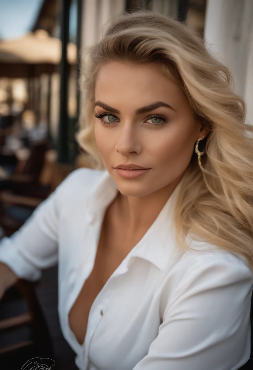 ean Bleu déchiré avec un croc top blanc et une veste en cuire noir , fille sexy aux yeux vert claire, Portrait de Justine Mazurier, cheveux blonds carré plongeant et grands yeux, Selfie d’une jeune femme, ohne Maquillage, maquillage naturel, Regardez directement dans la caméra, Visage avec Artgram, dezentes Maquillage, Superbe photo du corps entier, assise sur la terrasse du restaurant Astair , gros seins, Blonde, Française