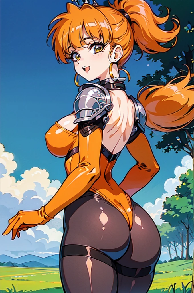 "(masterpiece:1.1), best quality, NSFW,
1girl, (80s anime style:1.3), (eyelashes:1.5), (:1.2),
(intricate high detailed body:1.2),
(orange hair:1.1), (blunt bangs:1.1), (ponytail:1.1), (tiara:1.2),
green eyes,
(curvy body:1.1), (huge breasts:1.1),
(happy, smile:1.2), (blush:1.1), open mouth,
(string body suit armor:1.2), (pantyhose:1.2),
(suspenders:1.1), (hoop earrings:1.1), collar,
standing, looking back,
(back view, ass focus:1.2),
(upper body, cowboy shot, looking at viewer, from front:1.1),
(daytime, grassland, outdoors:1.2)"