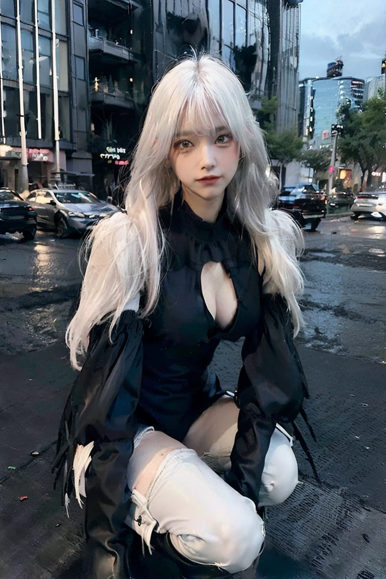 ((((City Background)))),(((Photorealsitic))) ,((Realistic)),(((Black costume))),(de pele branca),((White hair color)),(((Bob Hair))),((Long boots in black color)),nedium breasts,Clear eyes,Pink teak,Arm Cover,thighs thighs thighs thighs