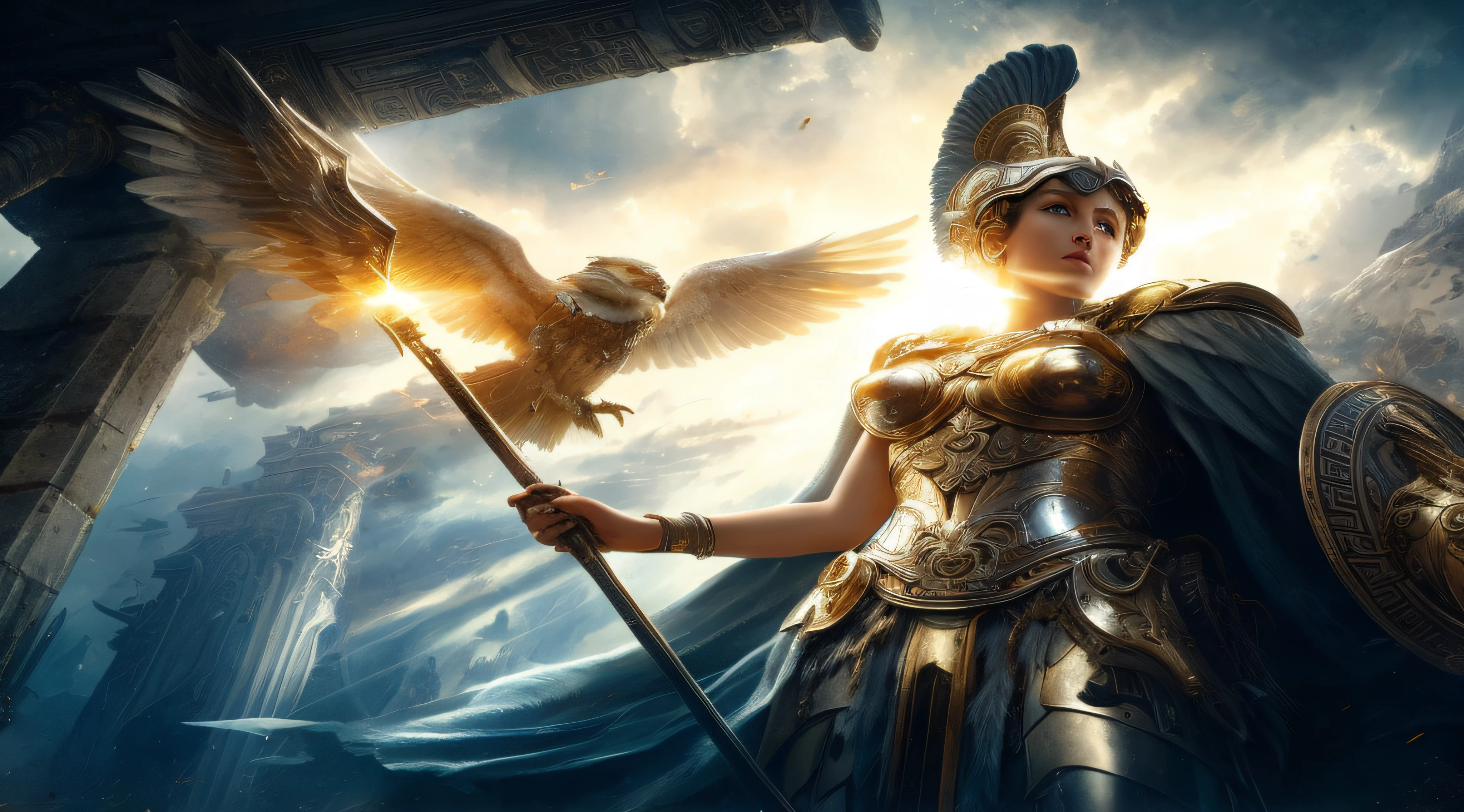 a close up of a woman in armor holding a sword and a bird, greek goddess athena, the god athena, athena goddess of wisdom, venus godness athena, golden goddess athena, goddess of greek mythology, greek myth digital painting, by Marek Okon, athena, greek goddess, as a mystical valkyrie, athene, greek fantasy, by Arthur Pan