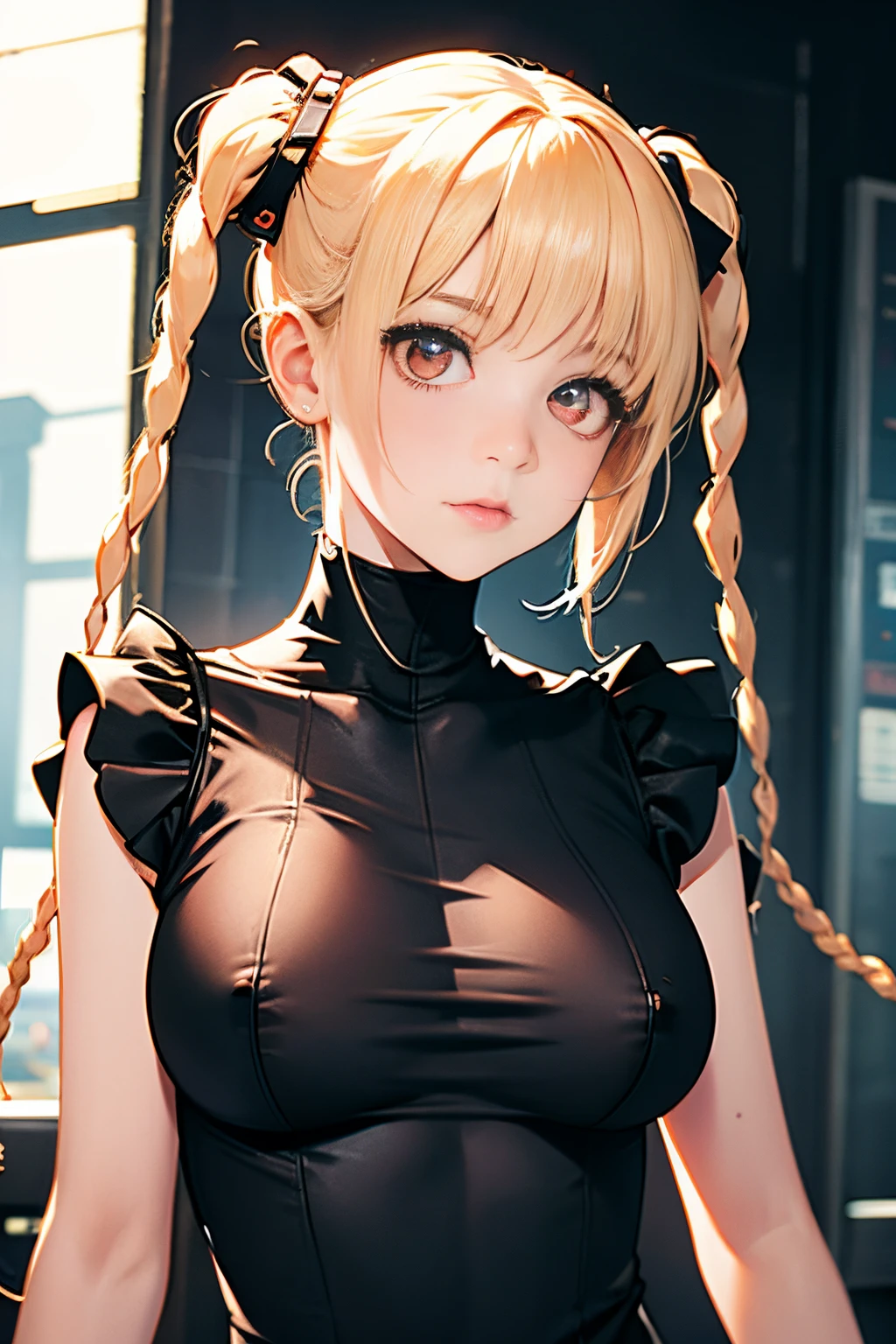 optimum，tmasterpiece，hight resolution，best qualtiy，hyper HD，super detailing，awardwinning，16 K，独奏，（The upper part of the body），anatomy correct，Beautiful cyberpunk girl，Cowboy Shot、cute  face，，a blond、Longhaire、Twin-tailed、Braids, Hairline，（（scarlet eyes）），long eyelasher，Hanging eye corners，White skin of the，(I can see my nipples), Sheer breasts, (I can see my nipples), Sheer breasts, radiant eyes、Rocket Tits, （Slim body），