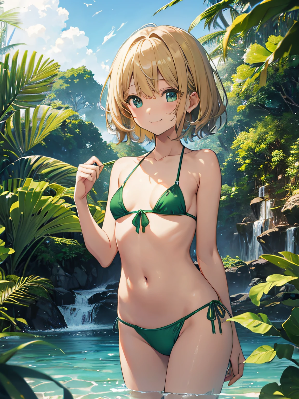 top-quality、extremely delicate and beautiful、Elementary school girls、5th grade elementary school、((Green Micro Bikini))、mesugaki、A smile、a blond、(Brown skin)、Sea on jungle background、is standing、short-hair