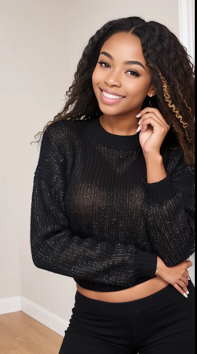 perfect portrait photo of (young black woman, full body)) , best quality, she is wearing a black sweater, soft lighting, gorgeous, brunette woman, wide smile,
highly intricate high definition wallpaper
