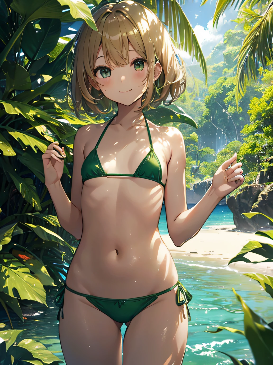 top-quality、extremely delicate and beautiful、 girls、5th grade elementkini））、mesugaki、A smile、a blond、(Brown skin)、Sea on jungle background、is standing、short-hair