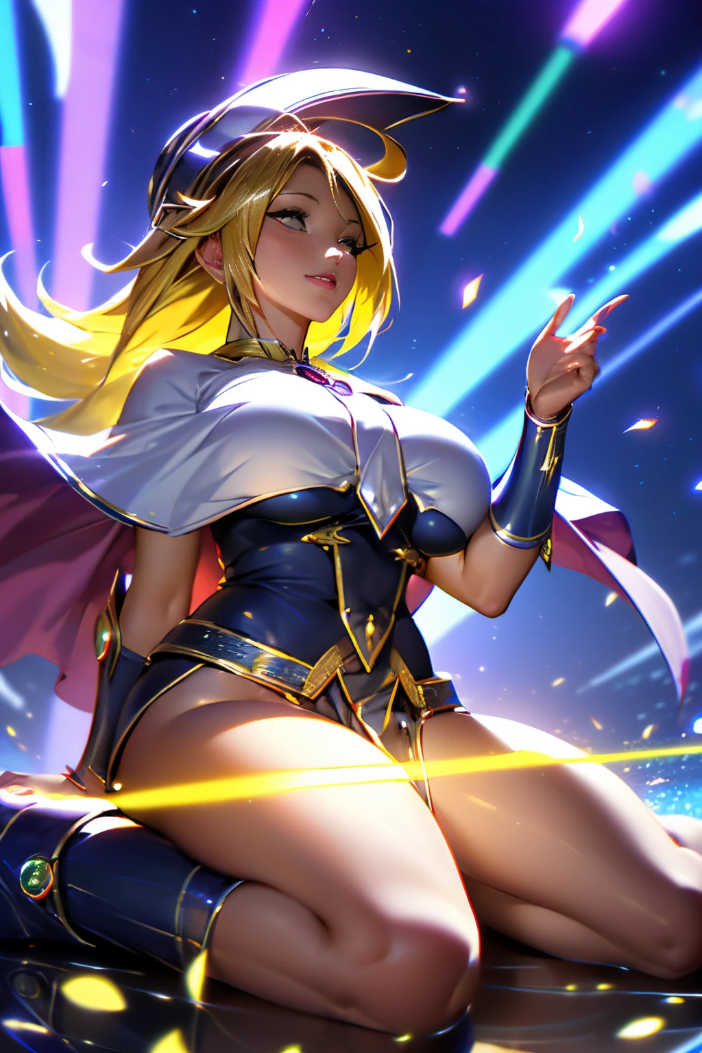 (Obra maestra:1.2), (La mejor calidad:1.2), Perfect lighting, Chica Maga Oscura lanzando un hechizo, flotando en el aire, tetas grandes, escote, desde arriba, Destellos de magia. Luces artificiales. Pose sejustiva y sexy