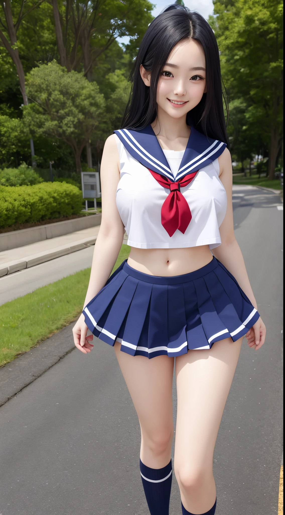 top-quality、4K picture quality、realistic touch,、Photorealistic style、high-detail、photoRealstic、big eye、lean and slender body、huge tit、wearing clothes that are too small、Strong eyelashes、A sexy、full body Esbian、Flushed cheeks、Kamimei、thin-waist、Voluptuous thighs、Enraptured look、Country road side、high school student in sailor suit、sleeveless、Tall、Her skirt is too short and her butt is visible.、long slender legs、Thin long eyebrows、Sensational attire、 I can see your breasts from the side、clothes with wide open sides、sexy  pose、see-through short skirt、big butts、Light hair、random hairstyle、huge smile、Reflection from head to foot、
