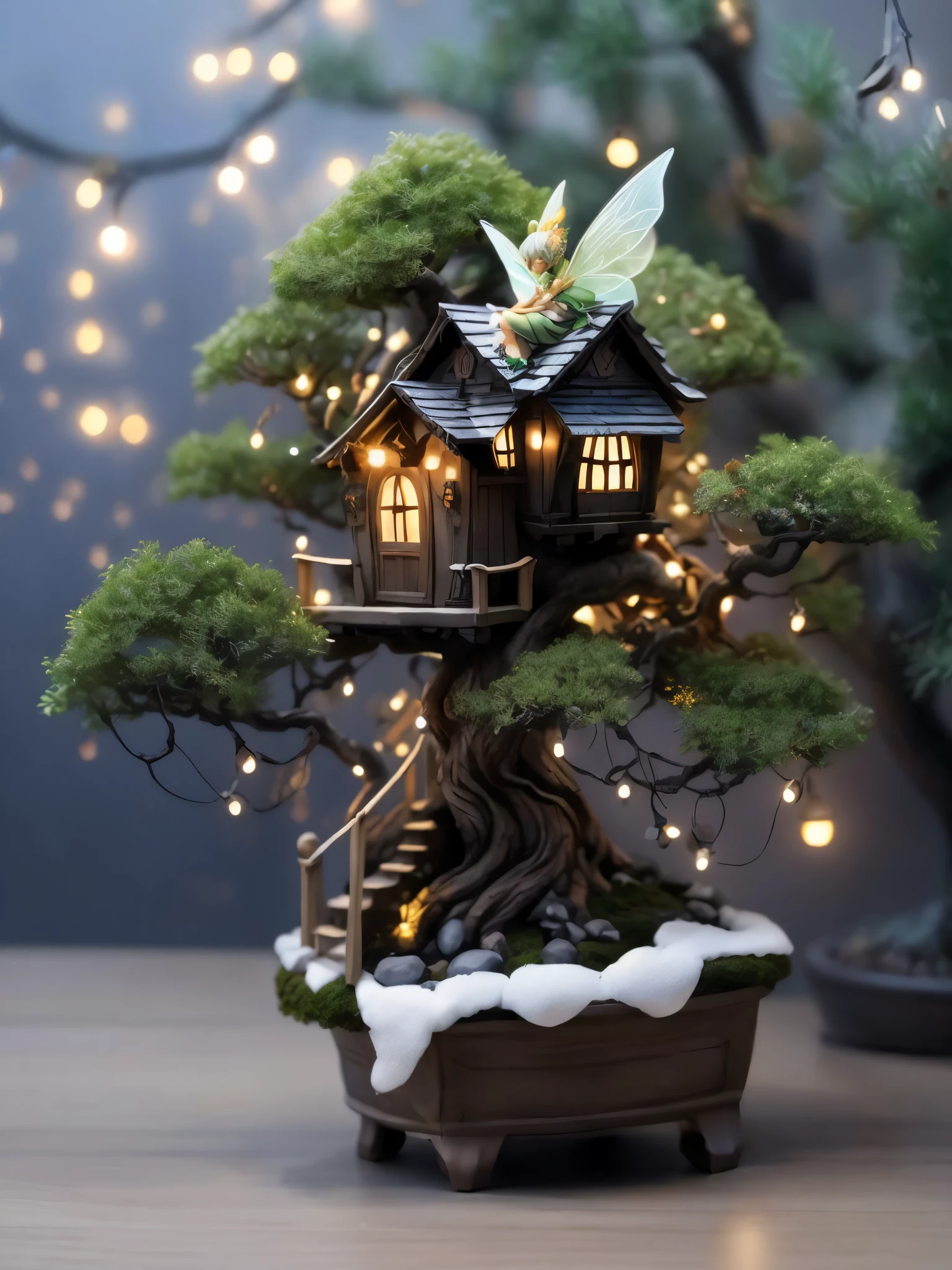 Bonsai, tree house, Tinkerbell, lights, dark night, beautiful angel, masterpiece, highly detailed, 8k
