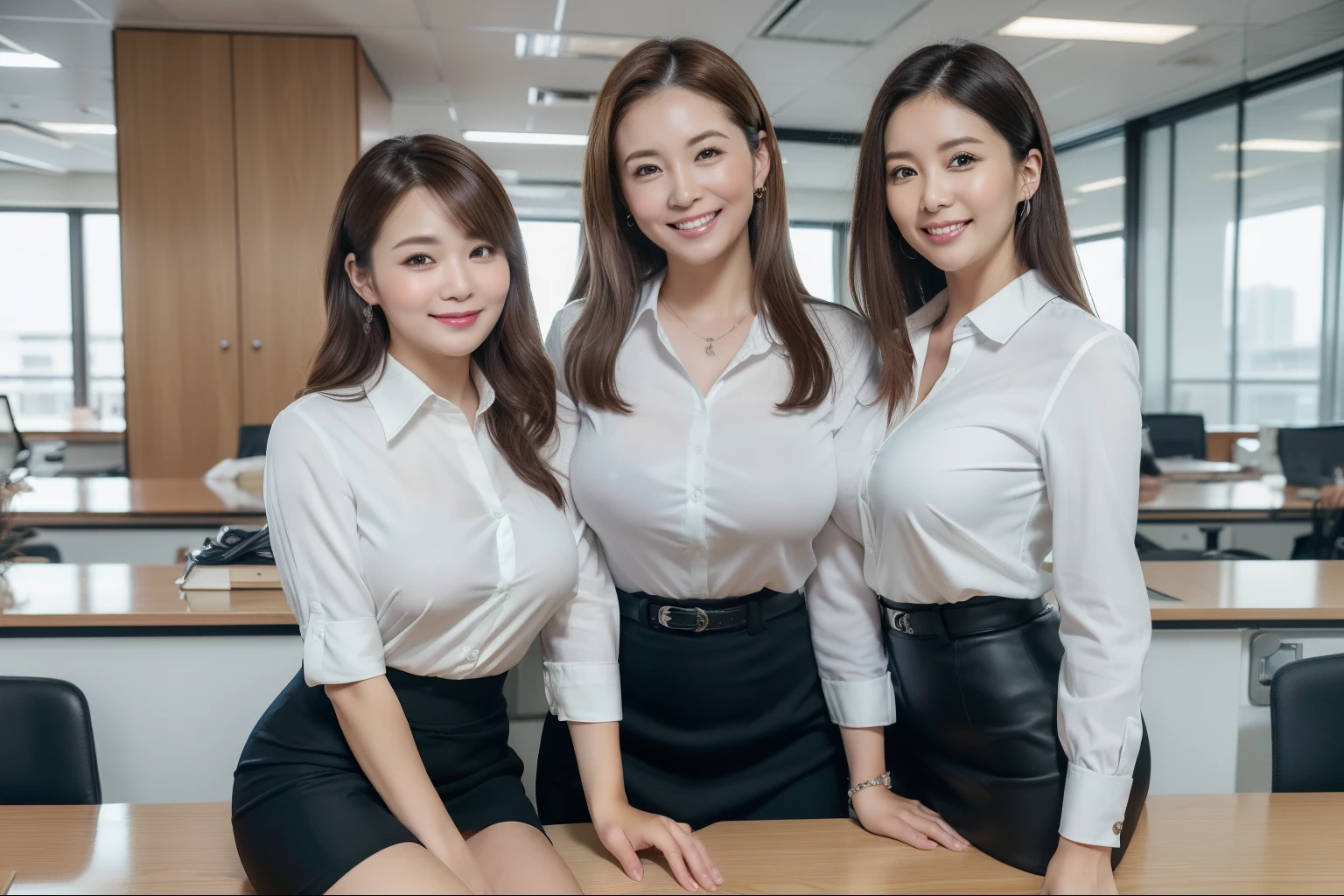 ((Best Quality, 8k, Masterpiecedetails, ultra-high resolution)), (looking at the viewer), (full shot:), attractive business 5 milfs, 5 people, a bit chubby:0.25, white collared shirt, grey skirt, (sitting with cross legs on office desks)), smile, office of CEO,