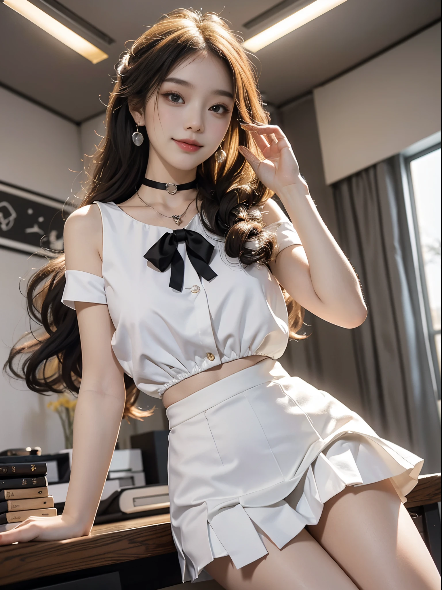 ((from below)), A young girl, beautiful girl, 校服, jk_lure_dress3, White color blouse, black short skirt, cropped shoulders, Slim, Slimming the waist, high-heels, the shy, grinning smile, ear nipple ring、choker necklace、heavy  makeups，Gorgeous eye makeup，Extremely beautiful eyes, coiffed blonde hair, curlies, long and flowing hair, In the office, leaning on desk, Mess up your hair, Posing for photos, Pose gracefully, Random shooting angle, warmly lit, Warm color palette, Best quality at best, beauitful face, Attractive, 超高分辨率, ultra real photo